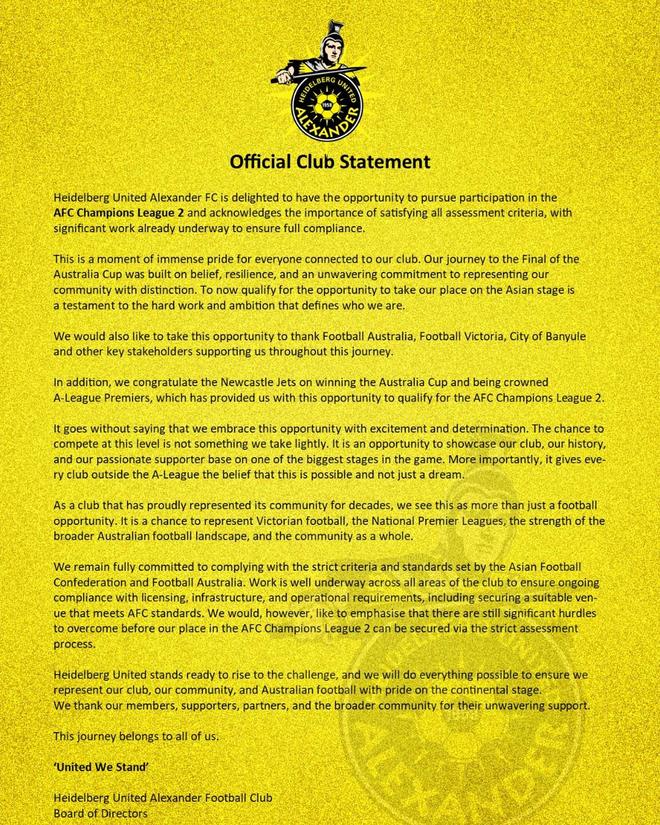 澳大利亚超级联赛海德堡联表示将全力配合相关要求，积极争取获得参加亚冠联赛第二级别赛事的资格，展现俱乐部实力与决心